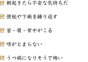 朝起きたら不安な気持ちだ/便秘や下痢を繰り返す/首・肩・背中がこる/咳がとまらない/うつ病になりそうで怖い